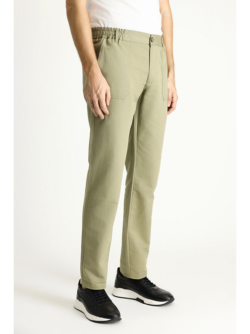 Haki Slim Fit Dar Kesim Beli Lastikli Keten Karışımlı Kanvas / Chino Pantolon-3