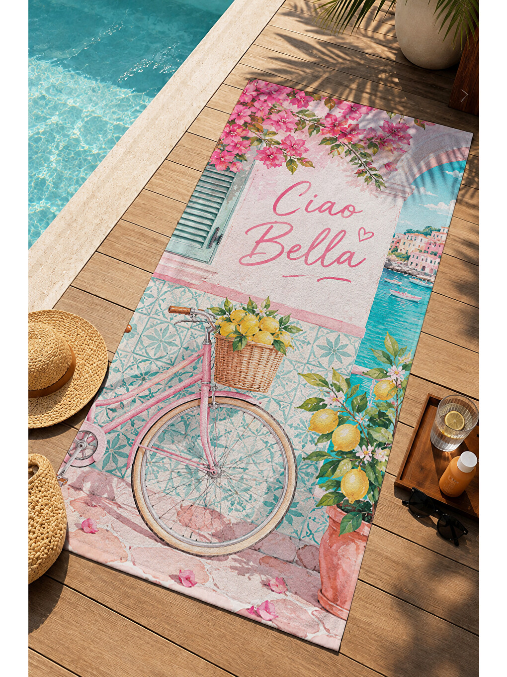 Pembe Vintage Ciao Bella Bisiklet Desenli 70x150 Plaj Havlusu - Dijital Baskılı Solmaz Banyo Havlusu-4