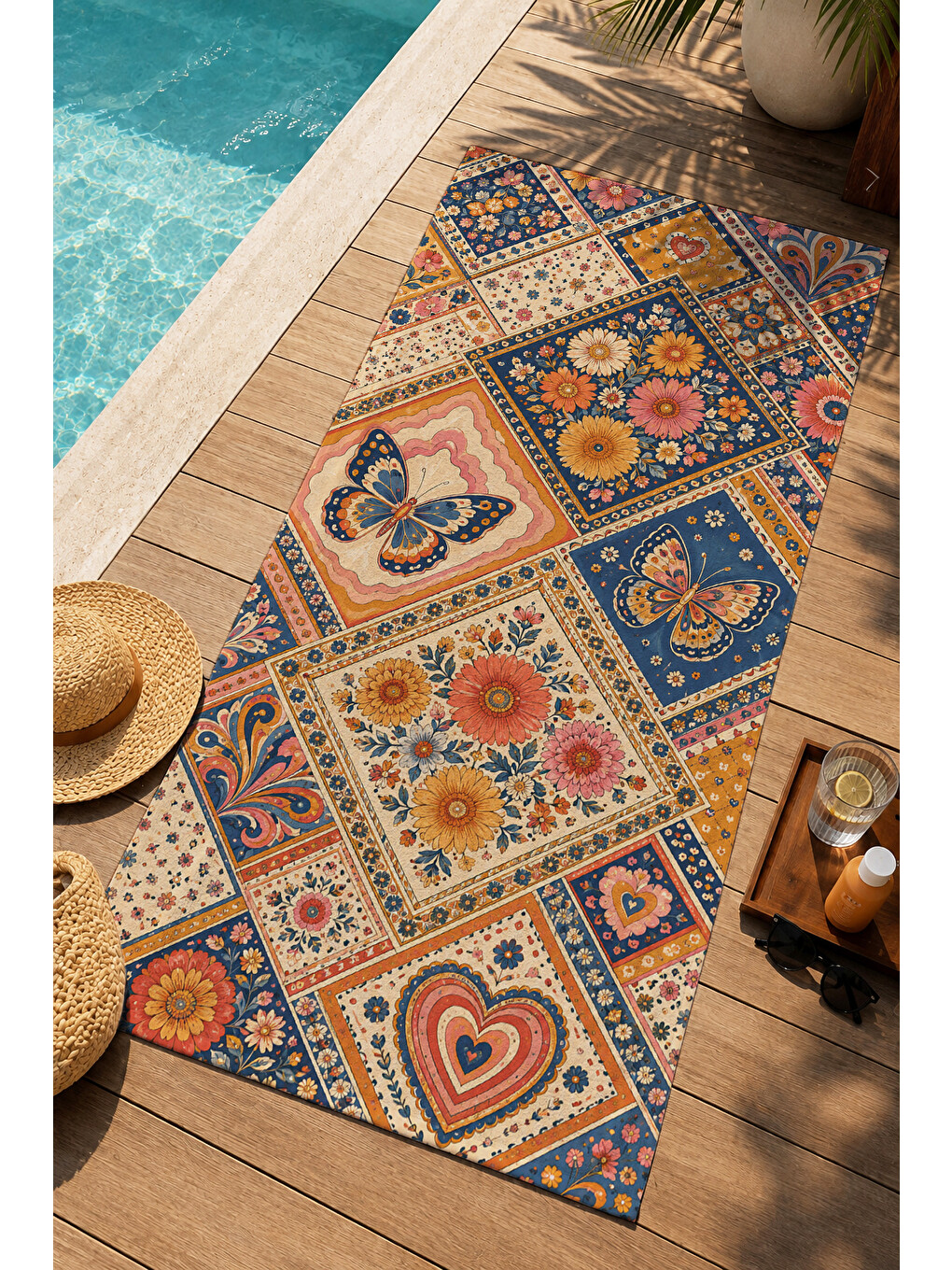 Pembe Bohem Patchwork Kalp Çiçek Ve Geometrik Desenli 70x150 Plaj Havlusu - Dijital Baskılı Banyo Havlusu-3