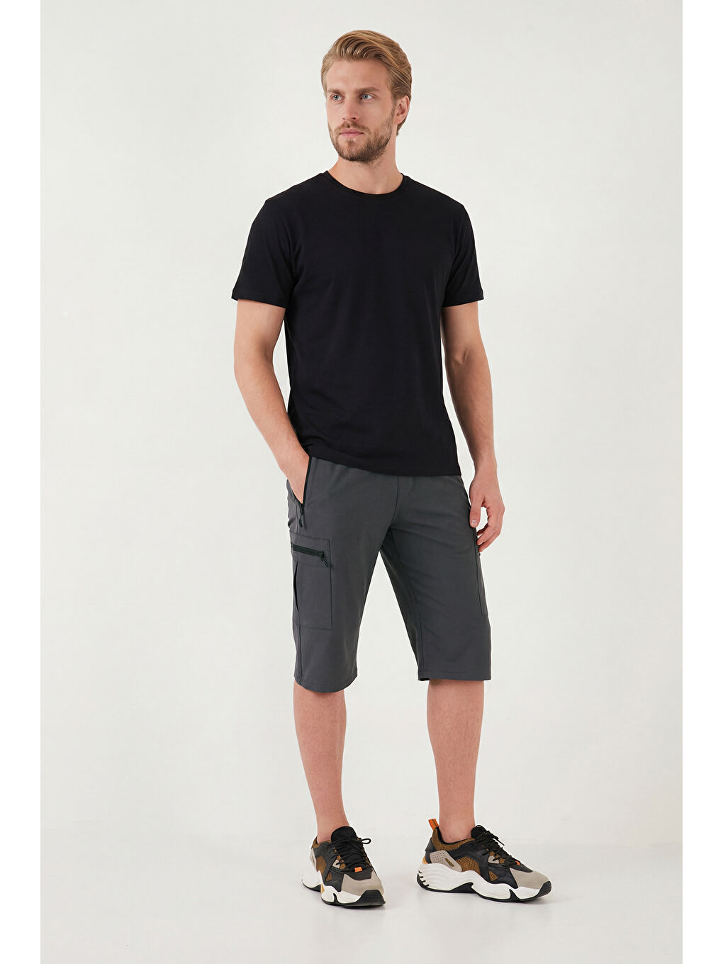 Gri Lastikli Bel Cepli Kargo Şort 693763-3