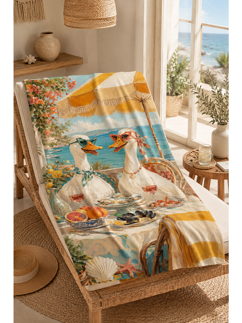 Turuncu Kuşlu Sahil Sofrası Desenli 70x150 Plaj Havlusu-6