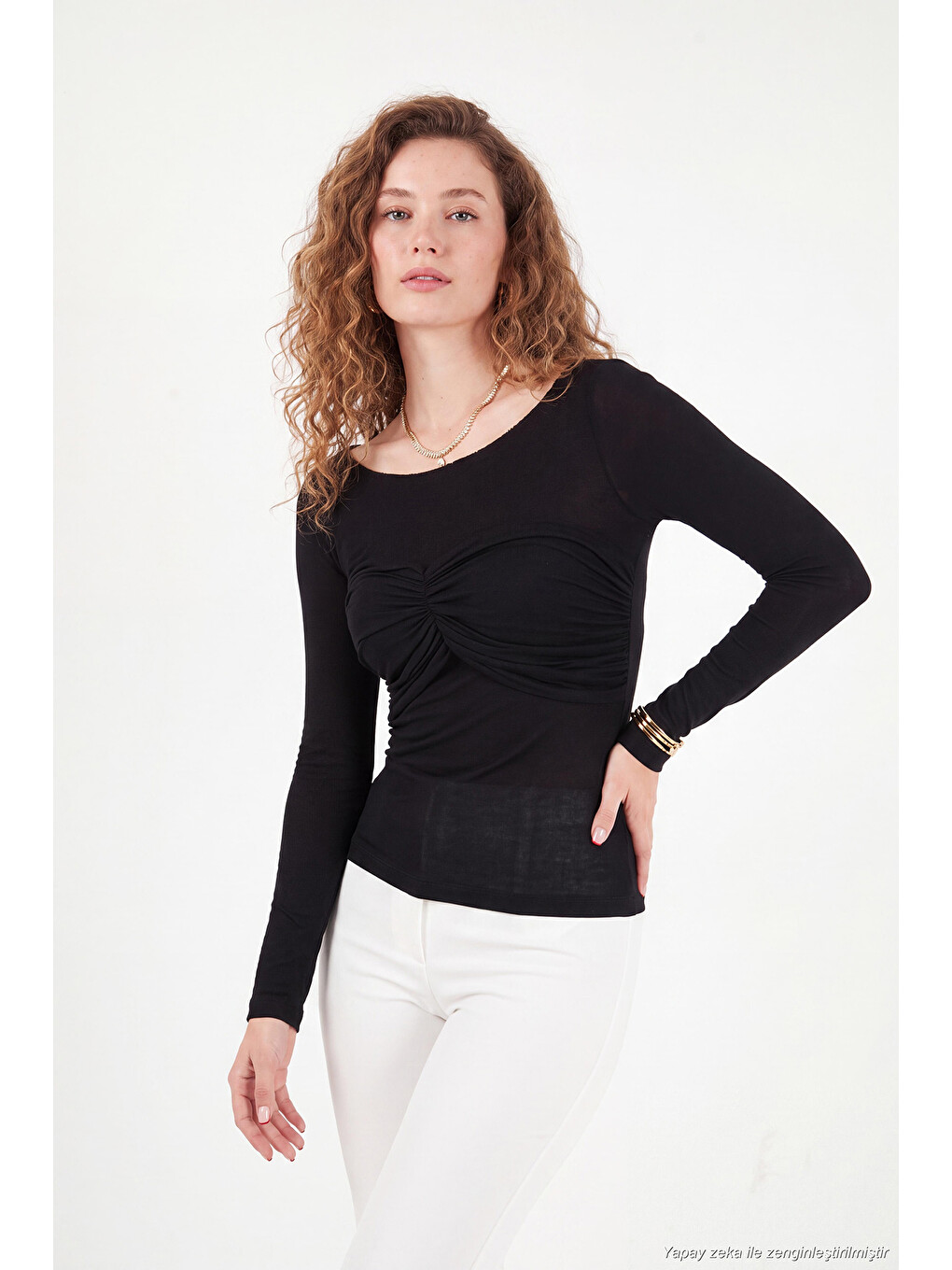 Siyah Göğüs Drape Detaylı Kayık Yaka Kadın Bluz 5867117-2