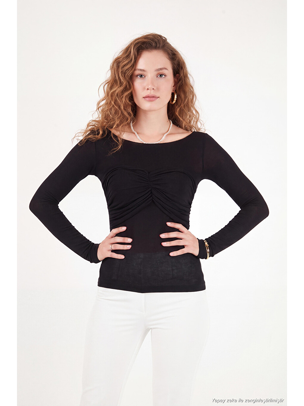 Siyah Göğüs Drape Detaylı Kayık Yaka Kadın Bluz 5867117-3