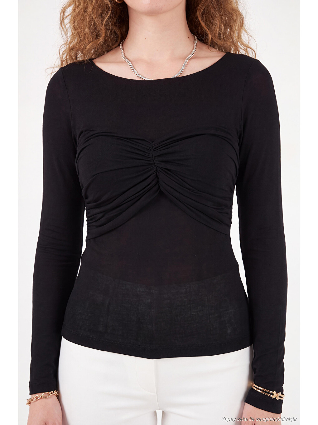 Siyah Göğüs Drape Detaylı Kayık Yaka Kadın Bluz 5867117-4
