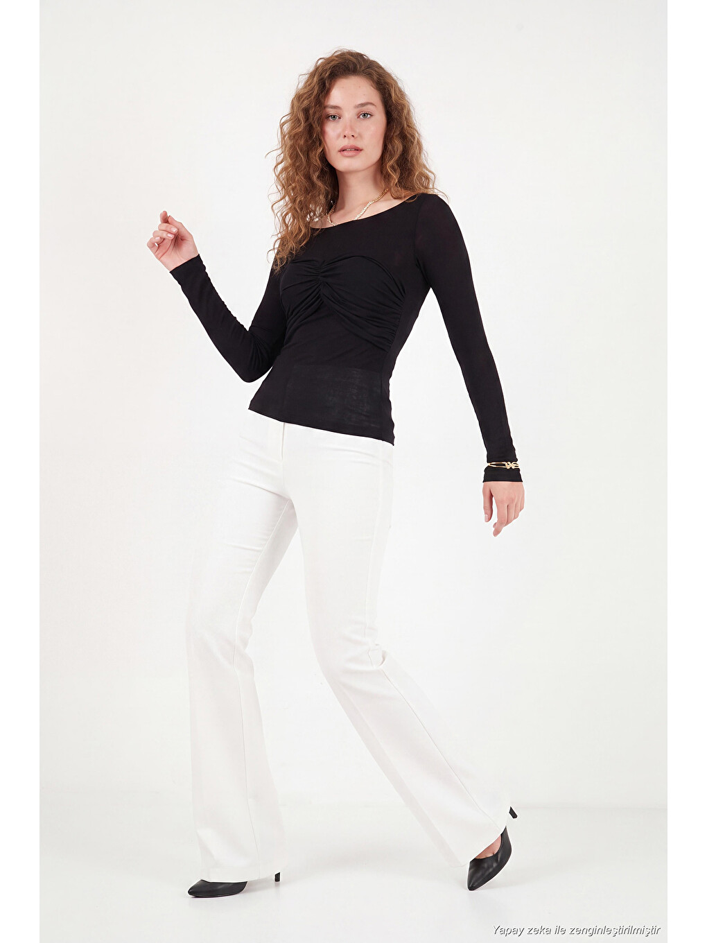 Siyah Göğüs Drape Detaylı Kayık Yaka Kadın Bluz 5867117-5