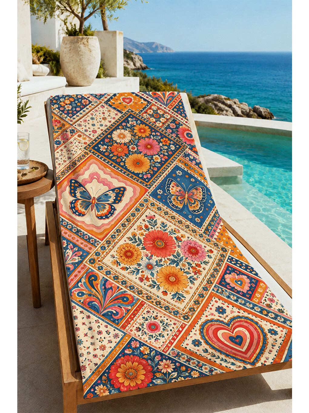 Pembe Bohem Patchwork Kalp Çiçek Ve Geometrik Desenli 70x150 Plaj Havlusu - Dijital Baskılı Banyo Havlusu-4
