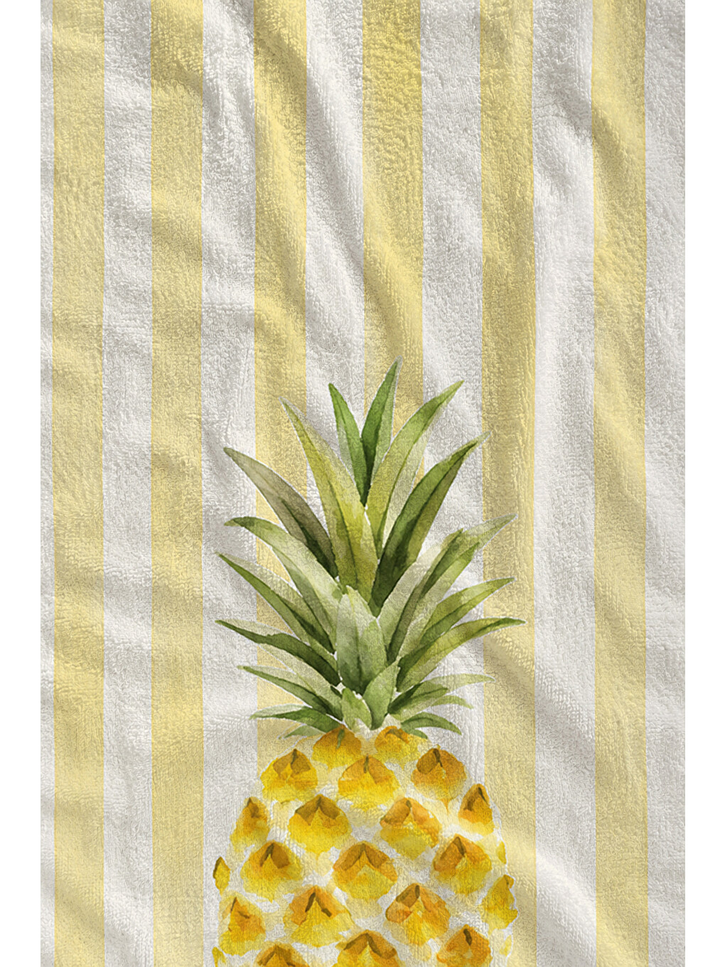 Pastel Sarı Çizgili Ananas Tropikal Yazlık Desenli 70x150 Plaj Havlusu - Pamuklu Banyo Havlusu-1