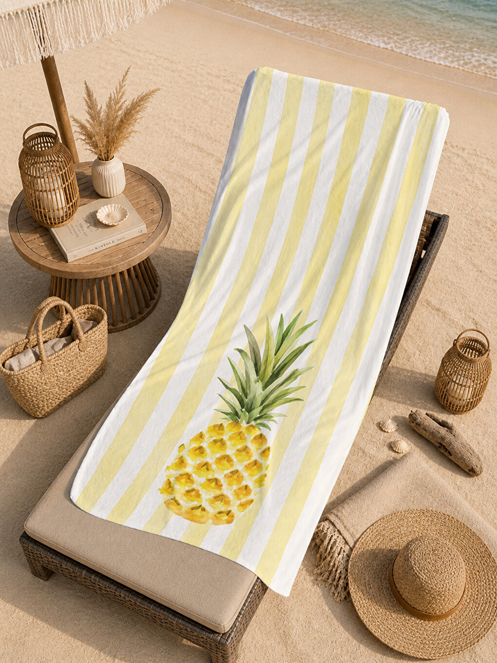 Pastel Sarı Çizgili Ananas Tropikal Yazlık Desenli 70x150 Plaj Havlusu - Pamuklu Banyo Havlusu-2