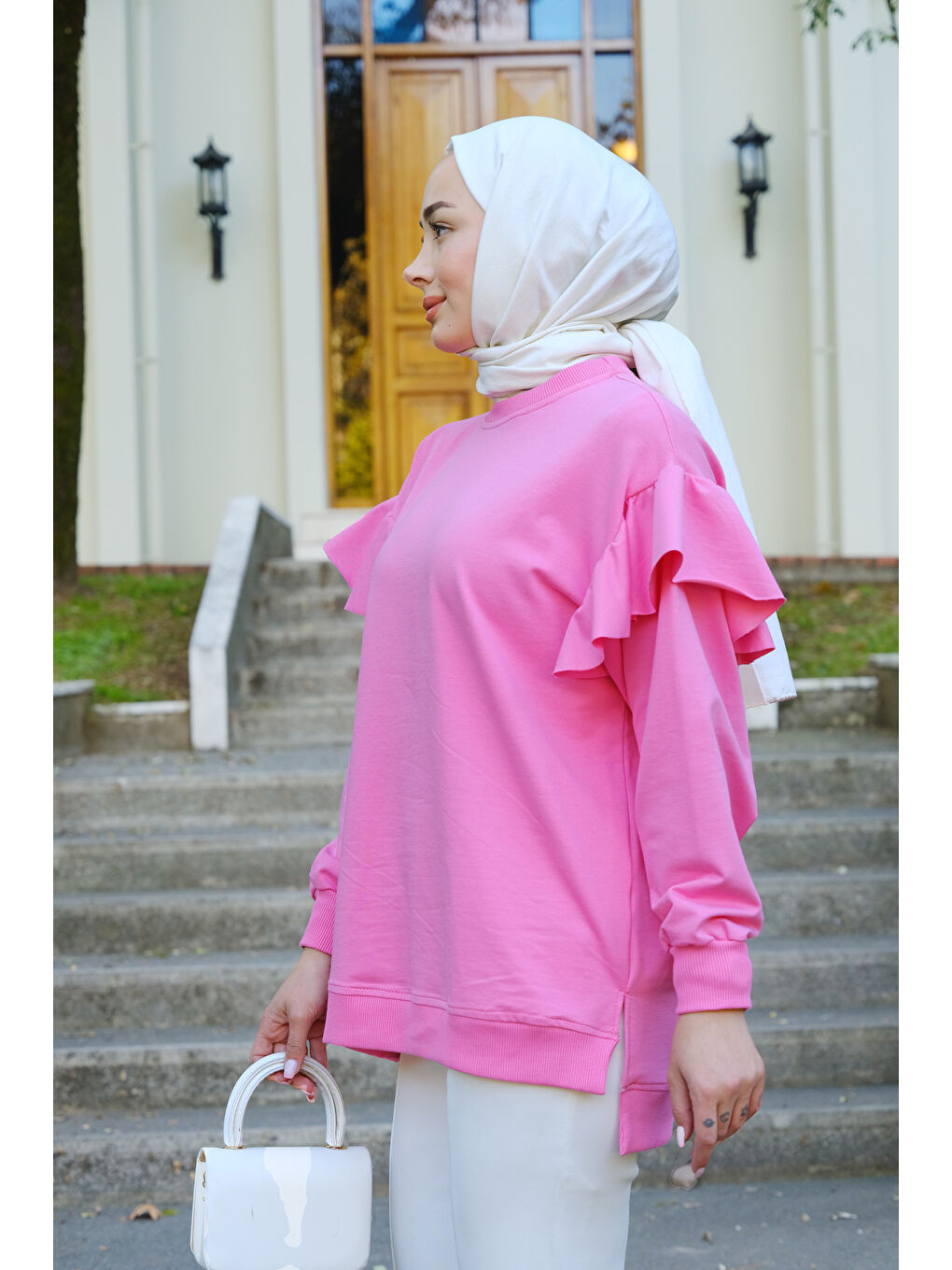 Locco Moda Pembe Kolu Fırfırlı Tunik Pembe - 1