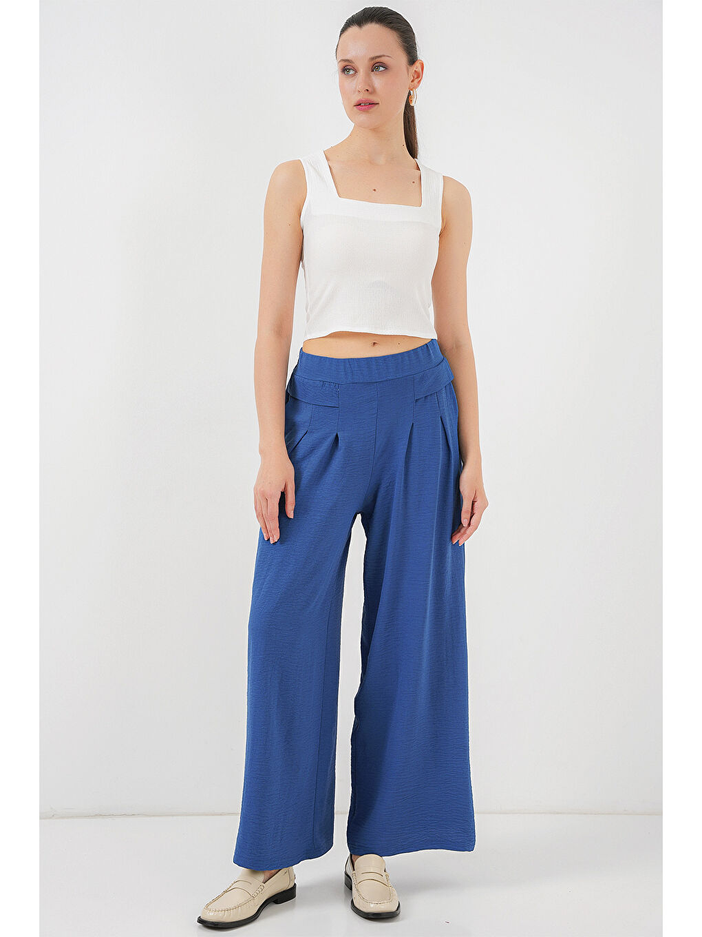 Kadın Geniş Paça Pileli Pantolon 6718 - İndigo-2