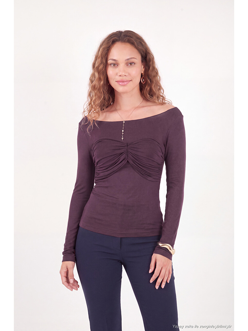Bordo Göğüs Drape Detaylı Kayık Yaka Kadın Bluz 5867117-1