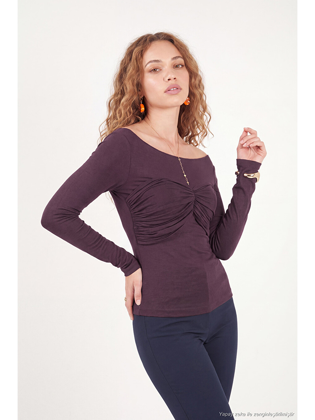 Bordo Göğüs Drape Detaylı Kayık Yaka Kadın Bluz 5867117-2