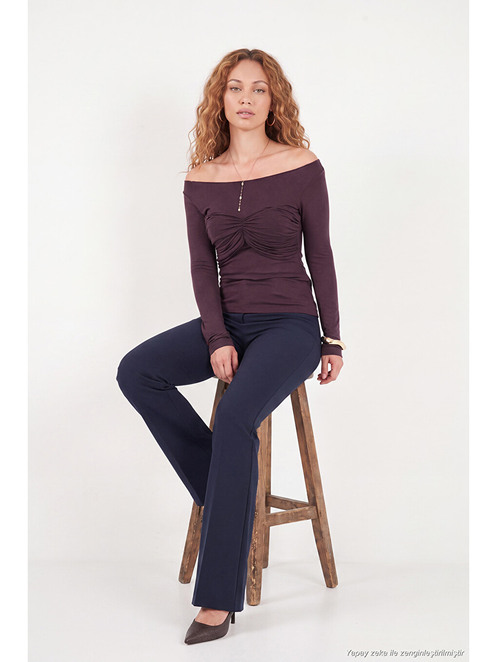 Bordo Göğüs Drape Detaylı Kayık Yaka Kadın Bluz 5867117-3