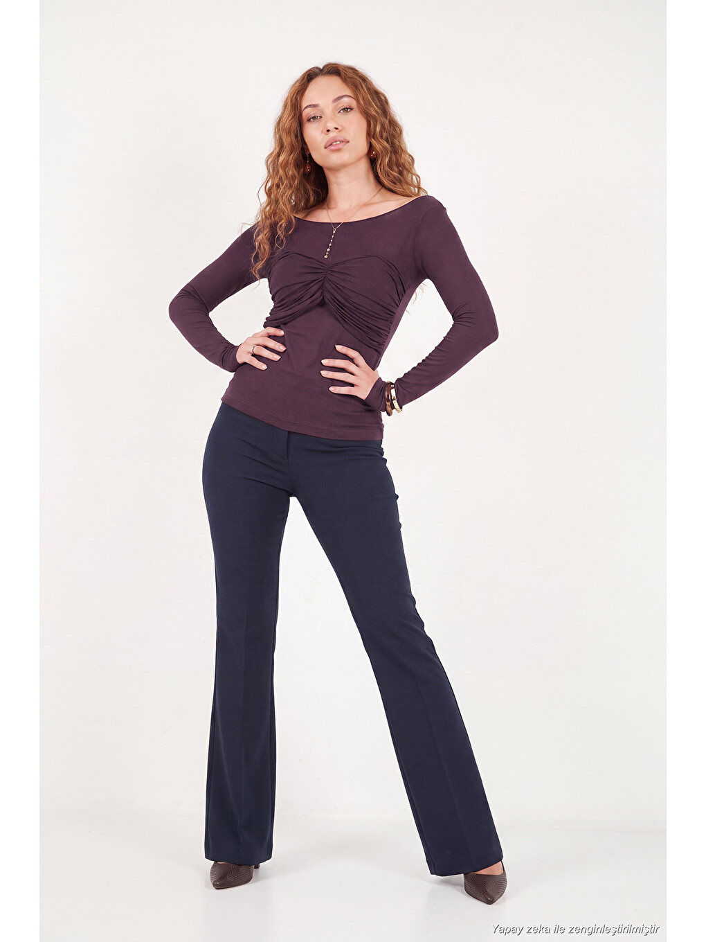 Bordo Göğüs Drape Detaylı Kayık Yaka Kadın Bluz 5867117-4