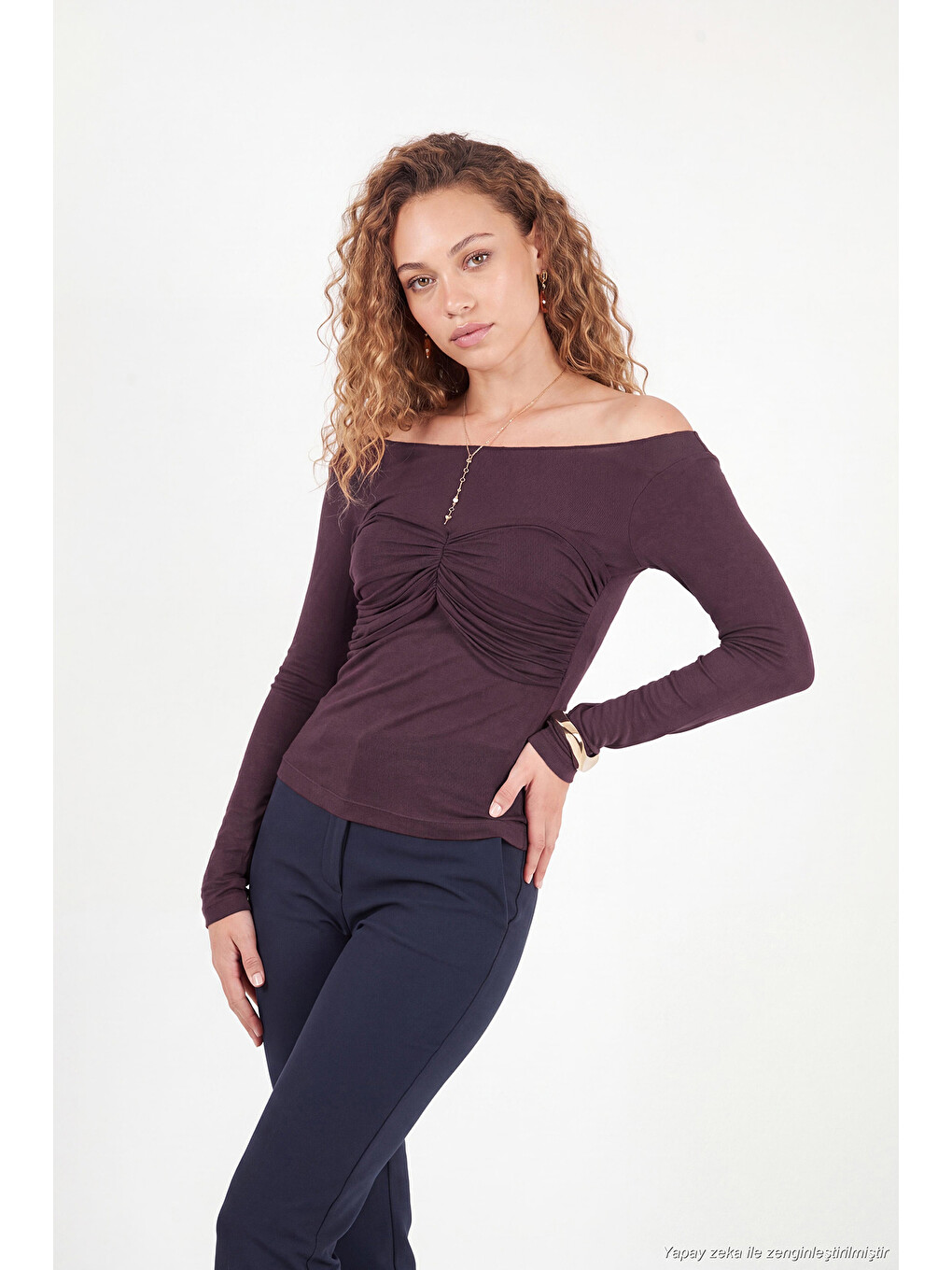 Bordo Göğüs Drape Detaylı Kayık Yaka Kadın Bluz 5867117-5