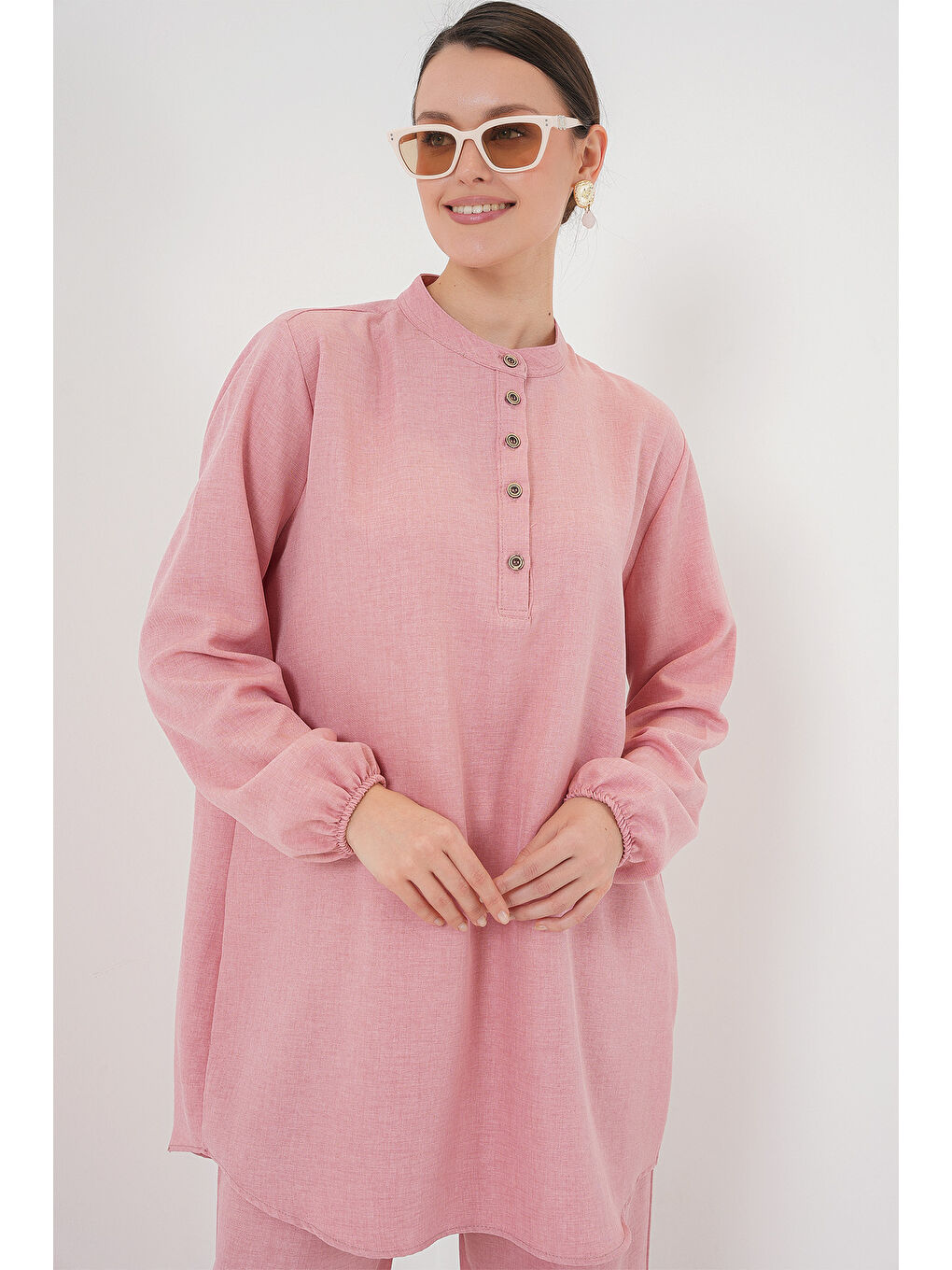 6678 Keten Tunik Pantolon İkili Takım - Pembe-1