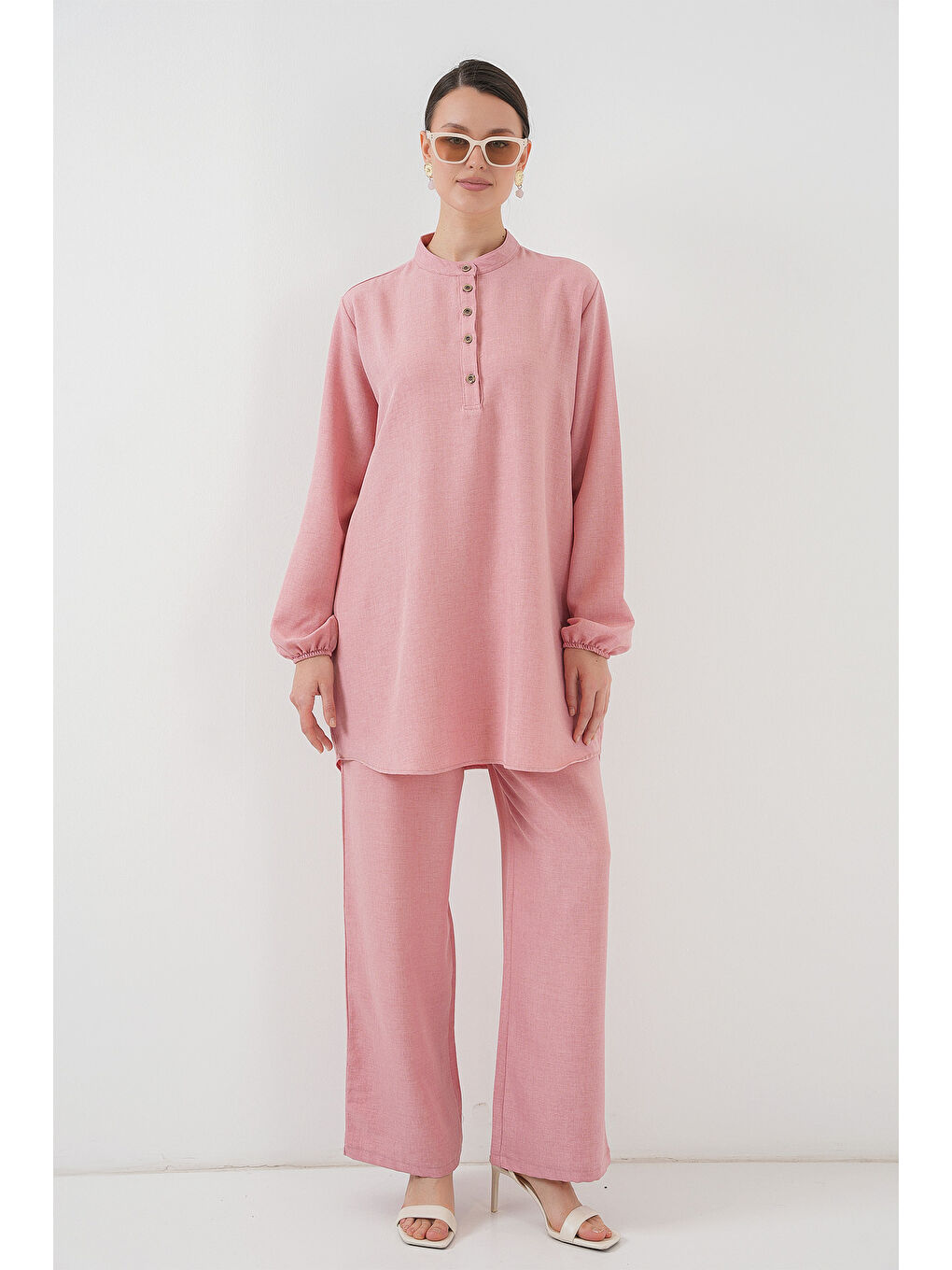 6678 Keten Tunik Pantolon İkili Takım - Pembe-2