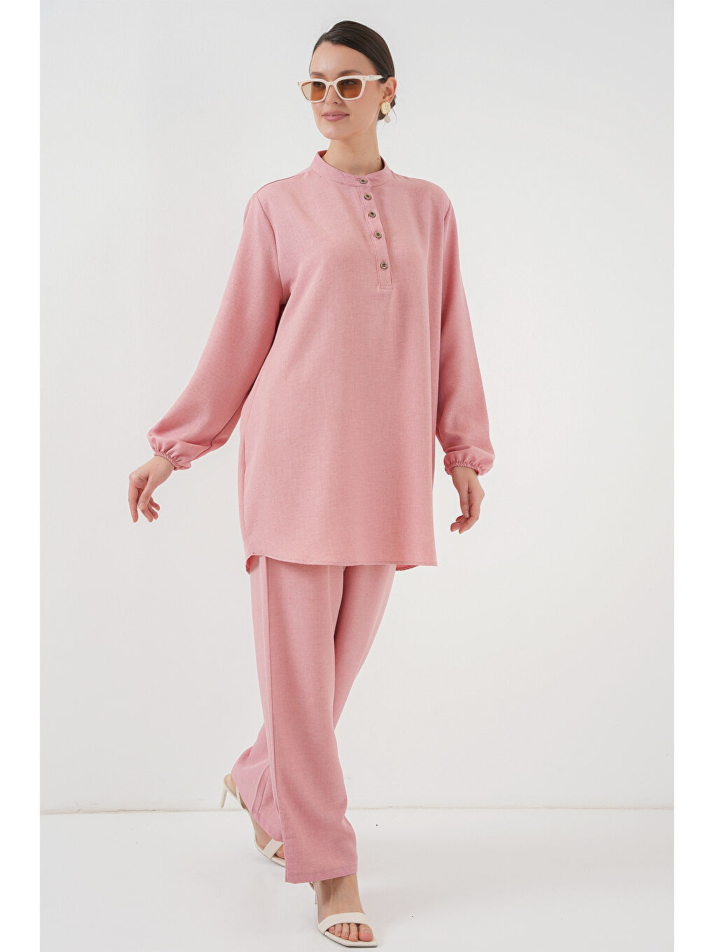 6678 Keten Tunik Pantolon İkili Takım - Pembe-3