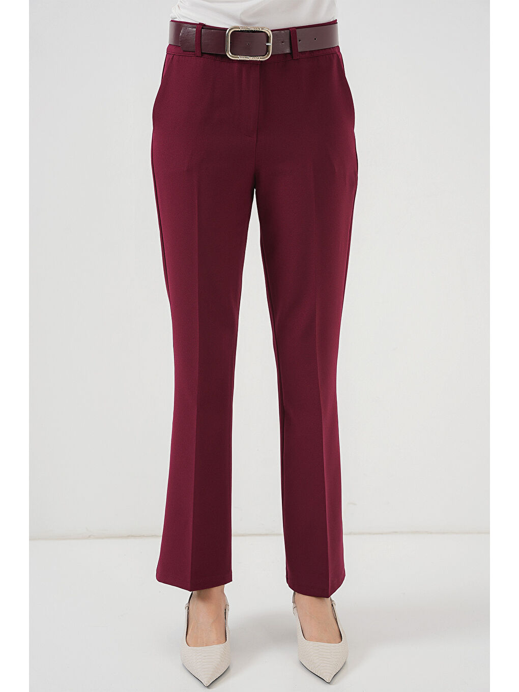 6538 Kemerli İspanyol Paça Pantolon - Bordo-1