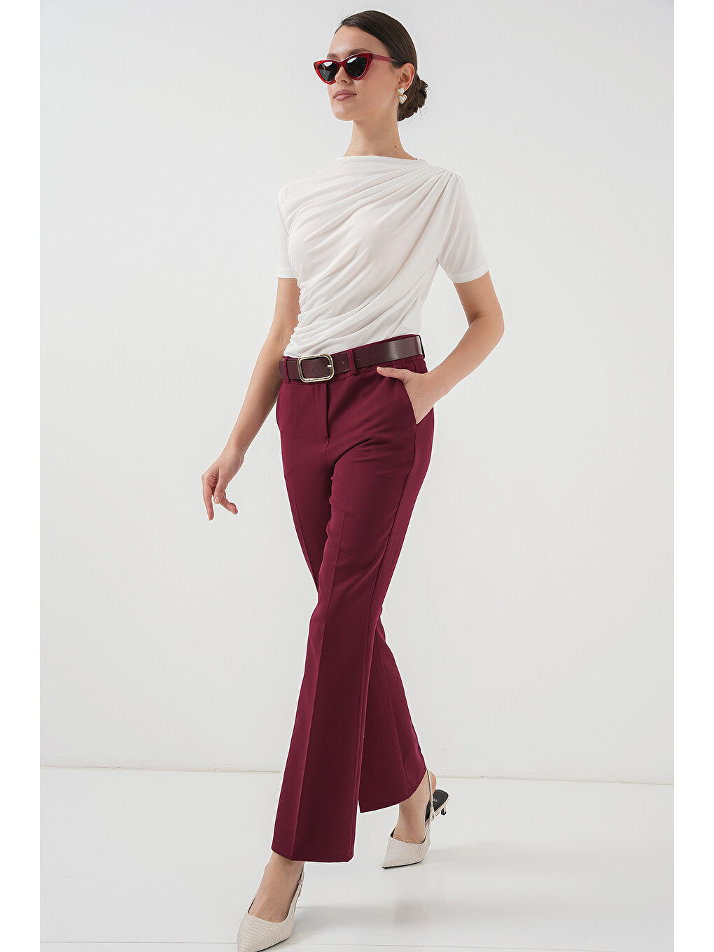 6538 Kemerli İspanyol Paça Pantolon - Bordo-2