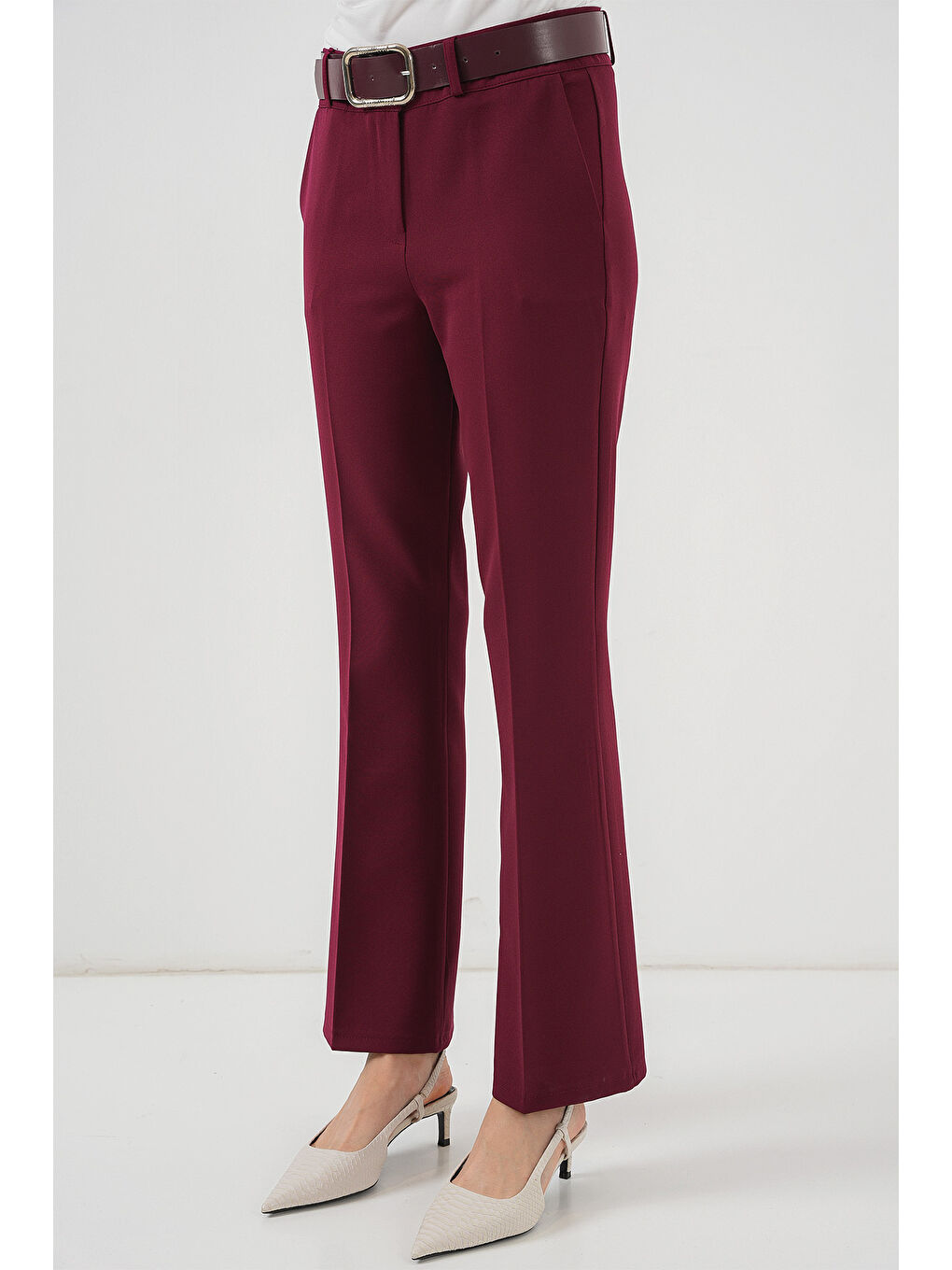 6538 Kemerli İspanyol Paça Pantolon - Bordo-3
