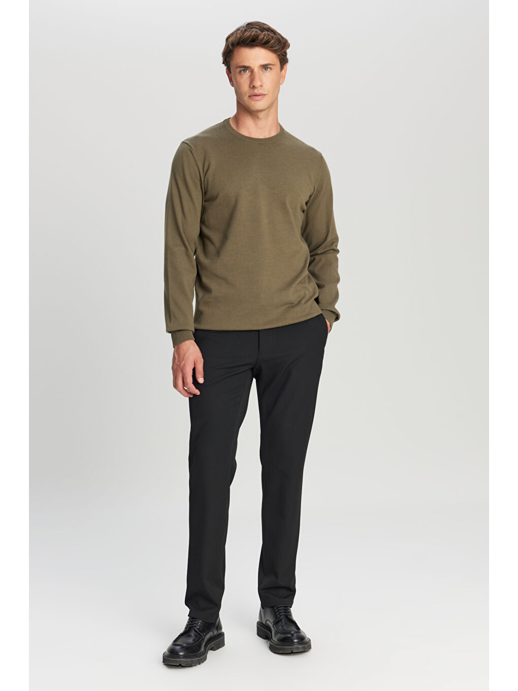 Erkek Haki Pamuklu Standart Fit Normal Kesim Bisiklet Yaka Triko Kazak-1