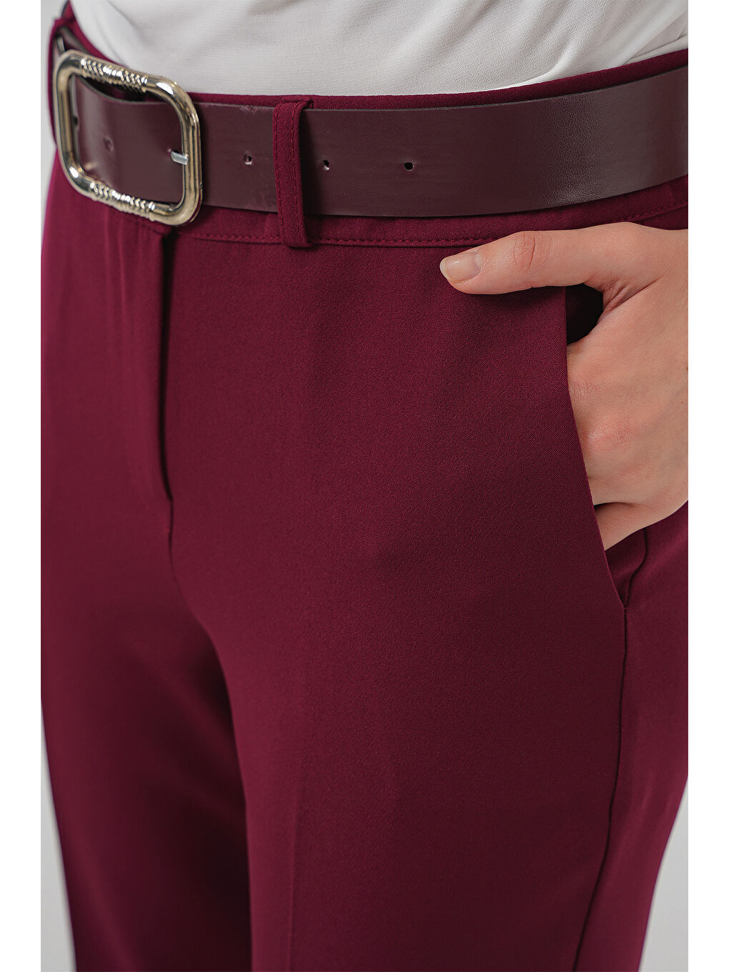 6538 Kemerli İspanyol Paça Pantolon - Bordo-4