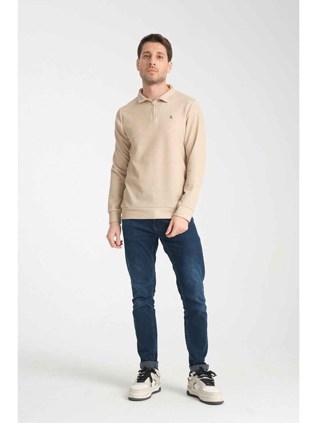 Bej Erkek Yarım Fermuarlı Uzun Kol Sweatshirt 7702