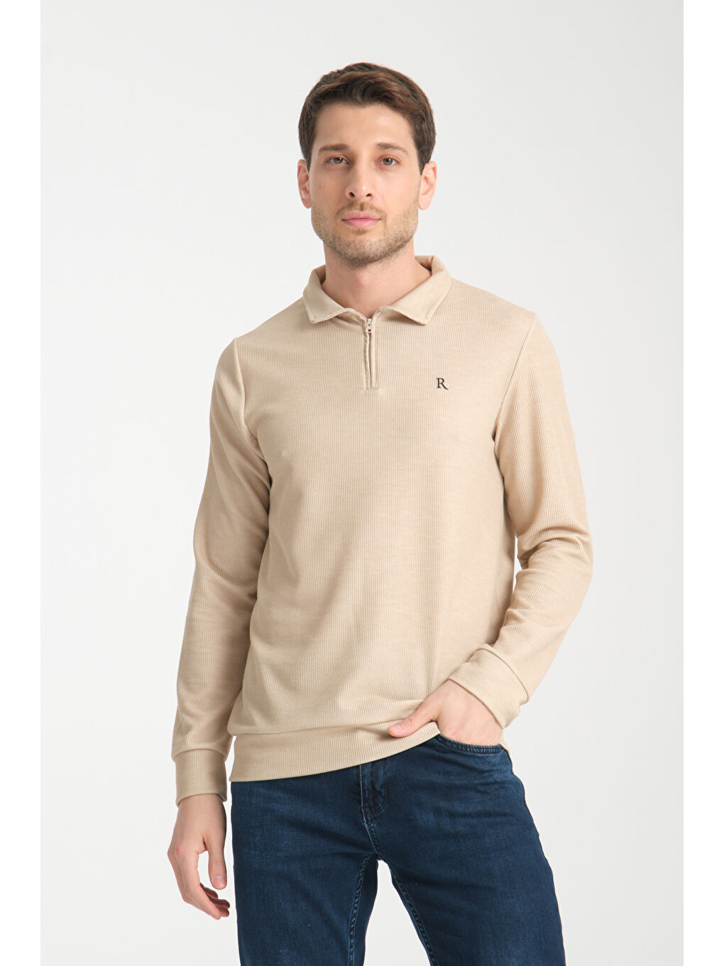 Bej Erkek Yarım Fermuarlı Uzun Kol Sweatshirt 7702-1