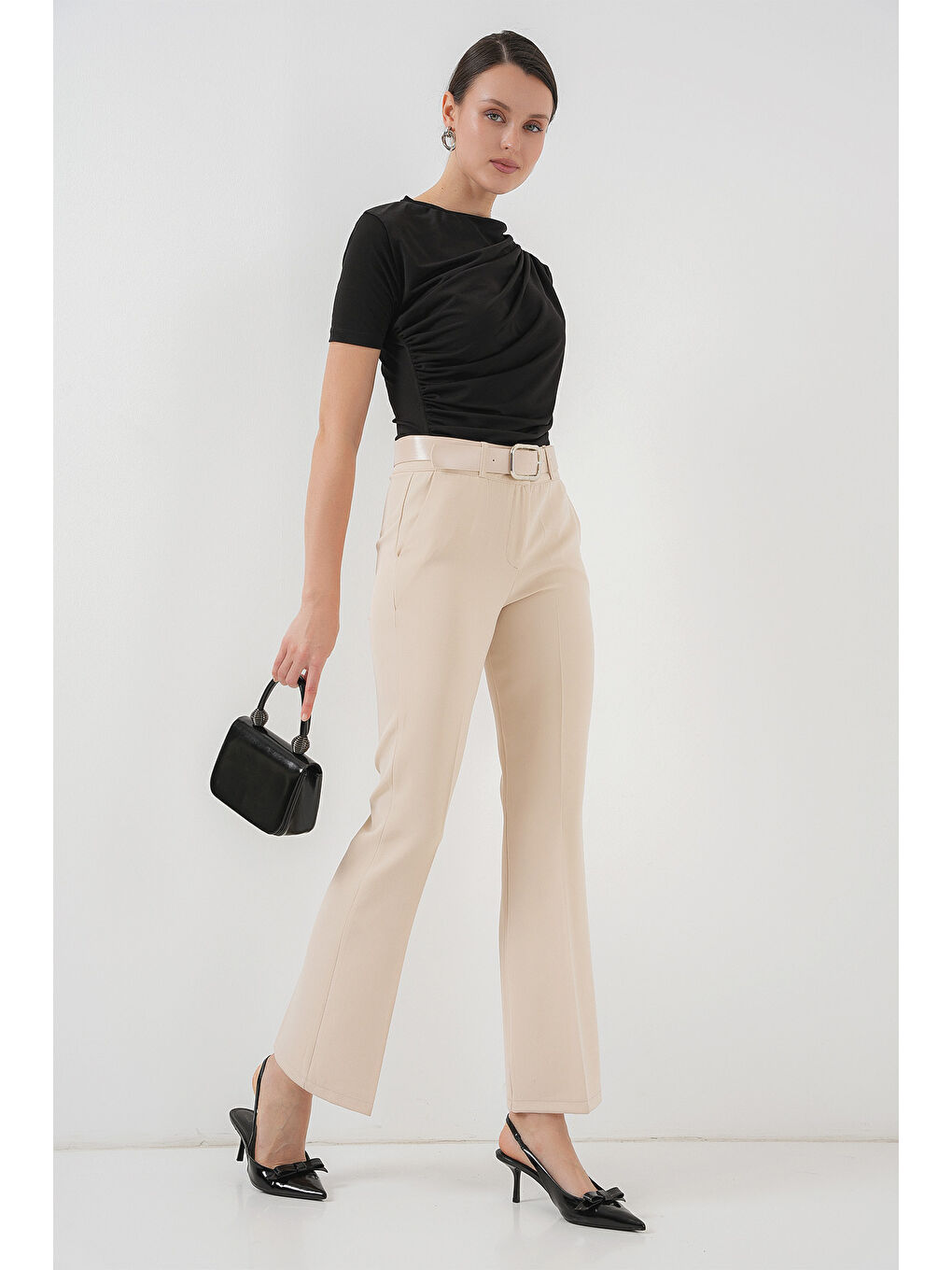 Ekru 6538 Kemerli İspanyol Paça Pantolon - Krem