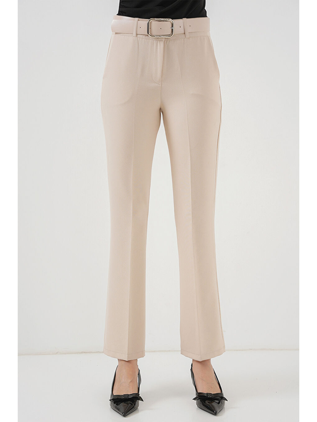 Ekru 6538 Kemerli İspanyol Paça Pantolon - Krem-1