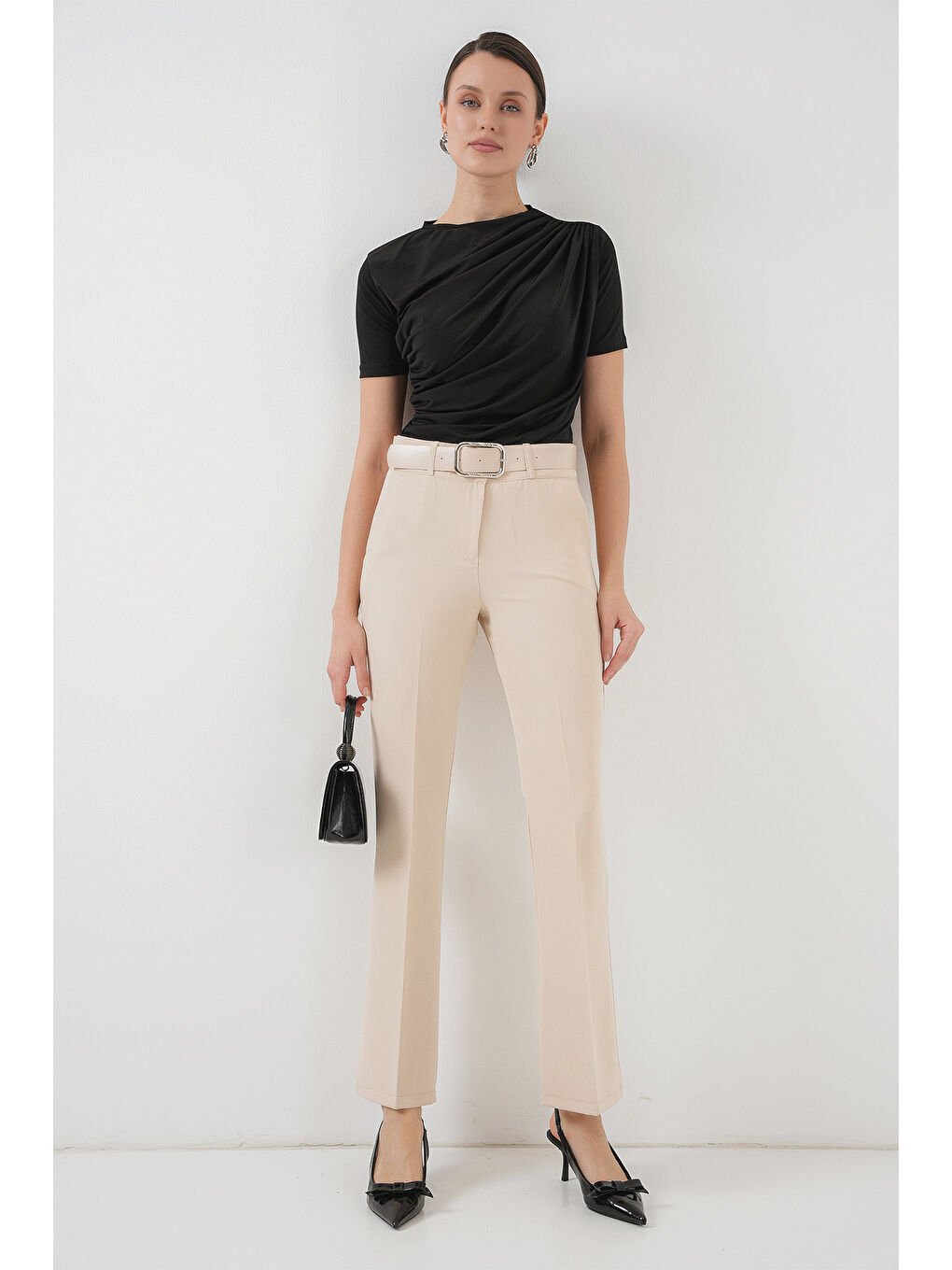 Ekru 6538 Kemerli İspanyol Paça Pantolon - Krem-2