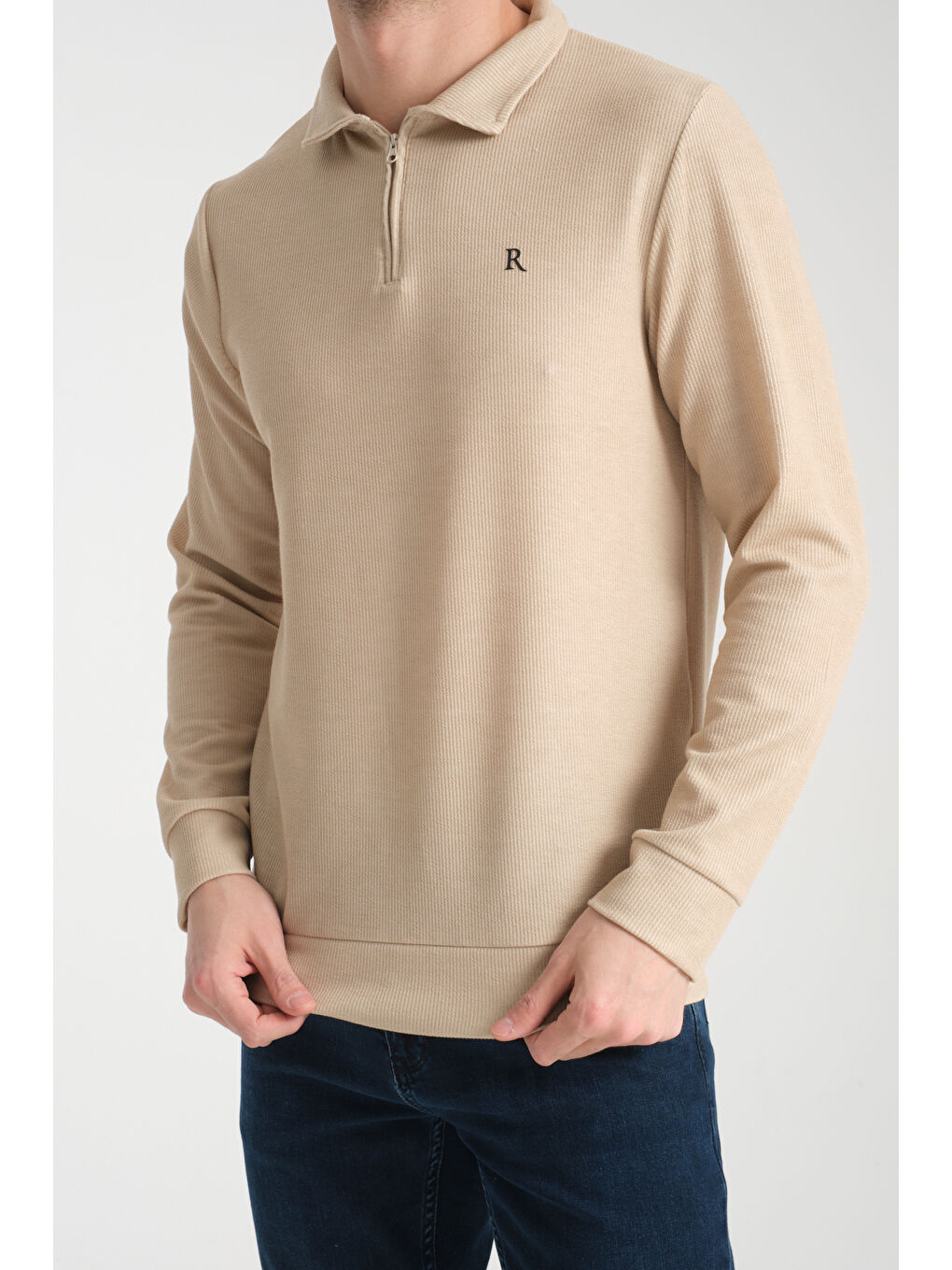 Bej Erkek Yarım Fermuarlı Uzun Kol Sweatshirt 7702-2