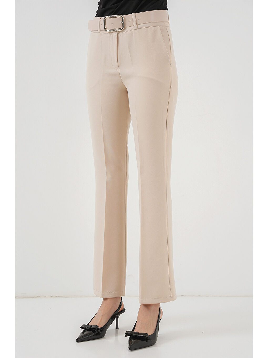 Ekru 6538 Kemerli İspanyol Paça Pantolon - Krem-3