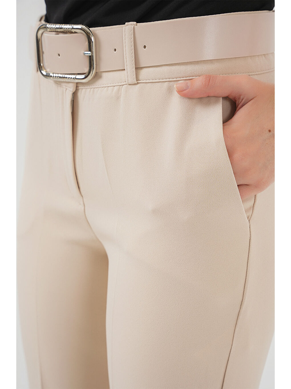 Ekru 6538 Kemerli İspanyol Paça Pantolon - Krem-4