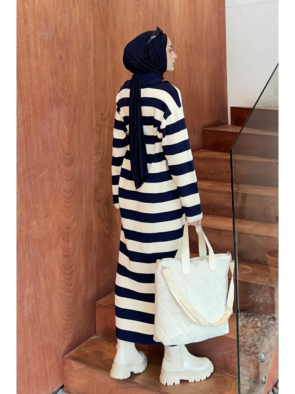 Bebe Yaka Detaylı Çizgili Triko Elbise Lacivert-2