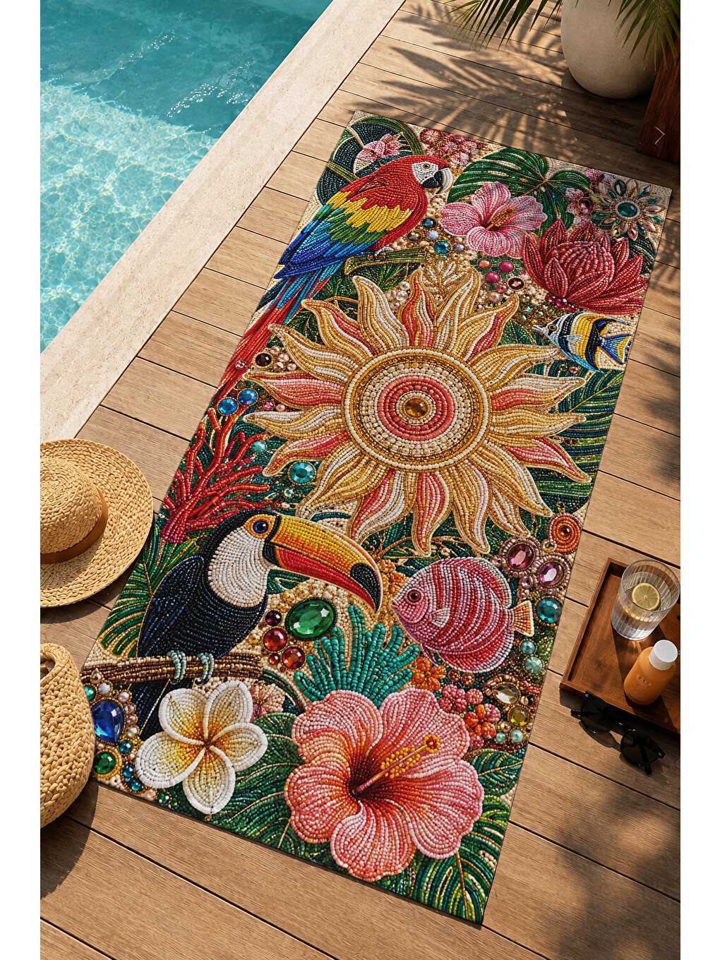 Yeşil Maximalist Egzotik Kuş Çiçek Desenli 70x150 Plaj Havlusu - Dijital Baskılı Solmaz Banyo Havlusu