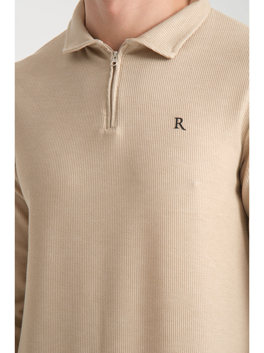 Bej Erkek Yarım Fermuarlı Uzun Kol Sweatshirt 7702-3