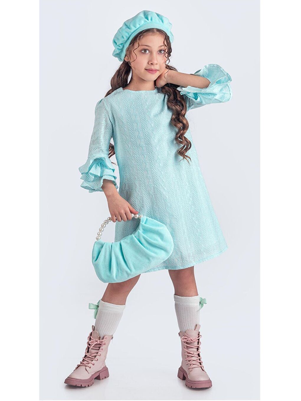 Yeşil Miss Clarice Kız Çocuk Fransız Bere, Çanta, Çorap Ve Elbise Takım M00704