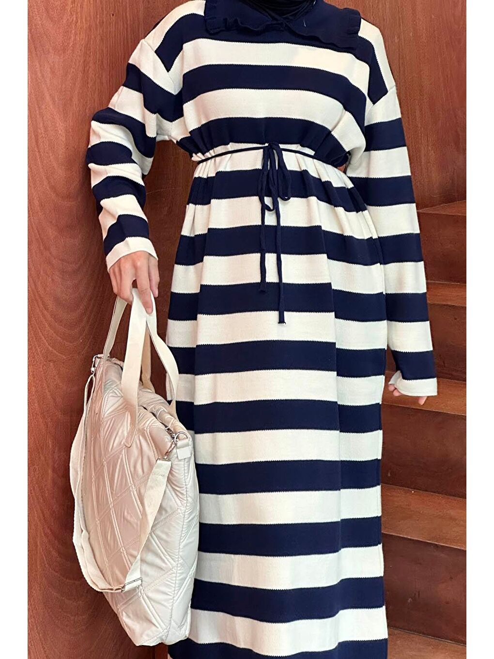 Bebe Yaka Detaylı Çizgili Triko Elbise Lacivert-3
