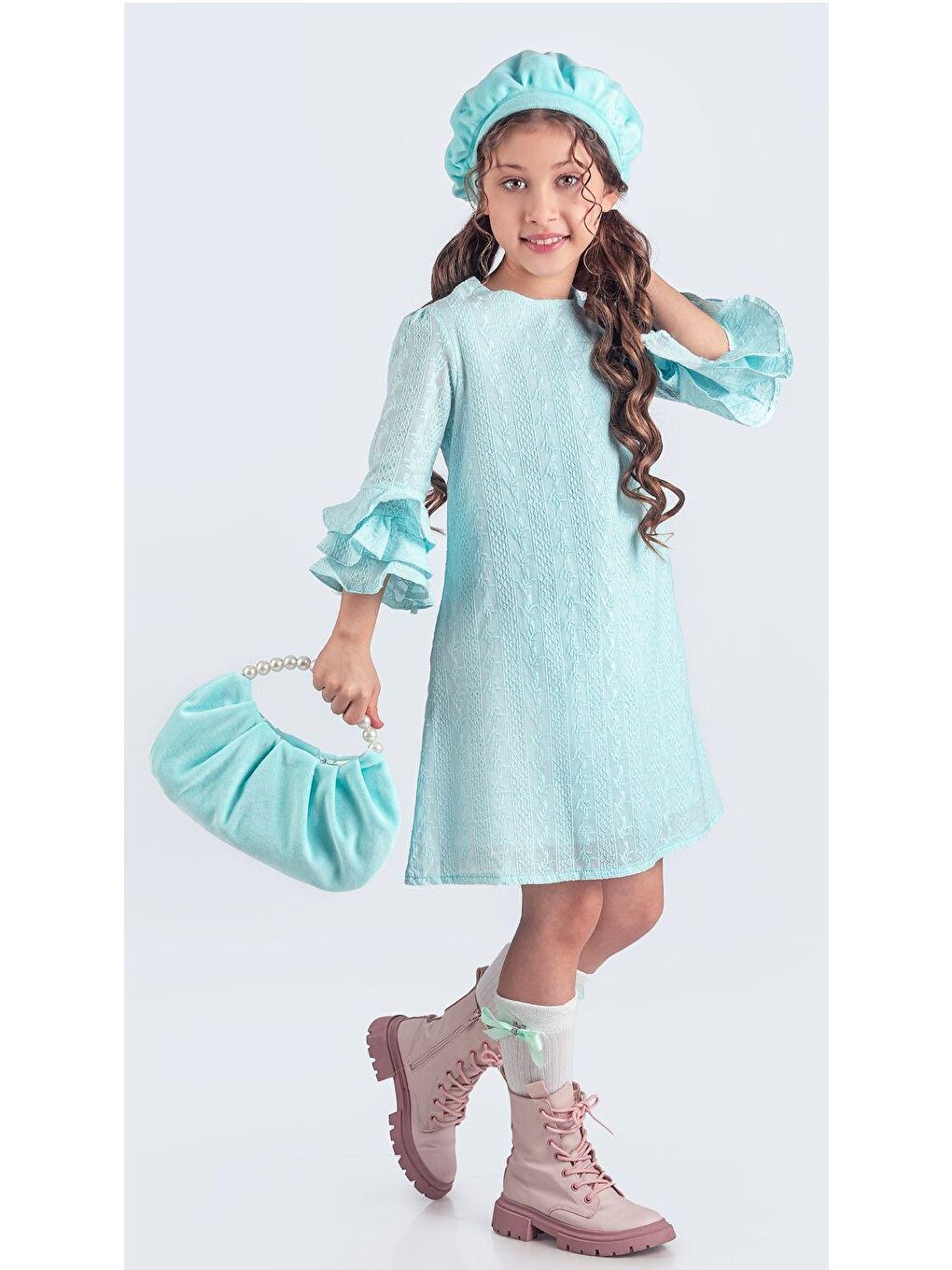 Yeşil Miss Clarice Kız Çocuk Fransız Bere, Çanta, Çorap Ve Elbise Takım M00704-5