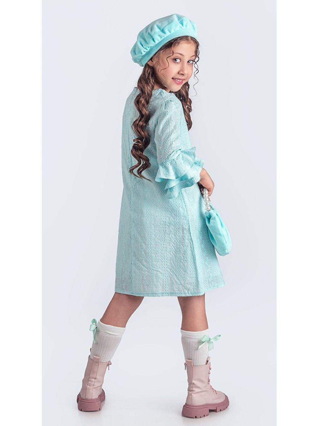 Yeşil Miss Clarice Kız Çocuk Fransız Bere, Çanta, Çorap Ve Elbise Takım M00704-6