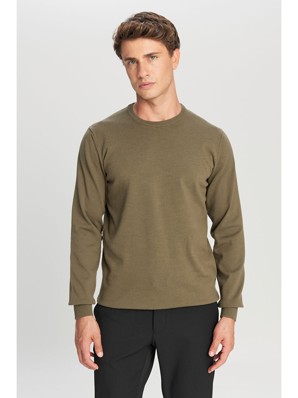 Erkek Haki Pamuklu Standart Fit Normal Kesim Bisiklet Yaka Triko Kazak-2