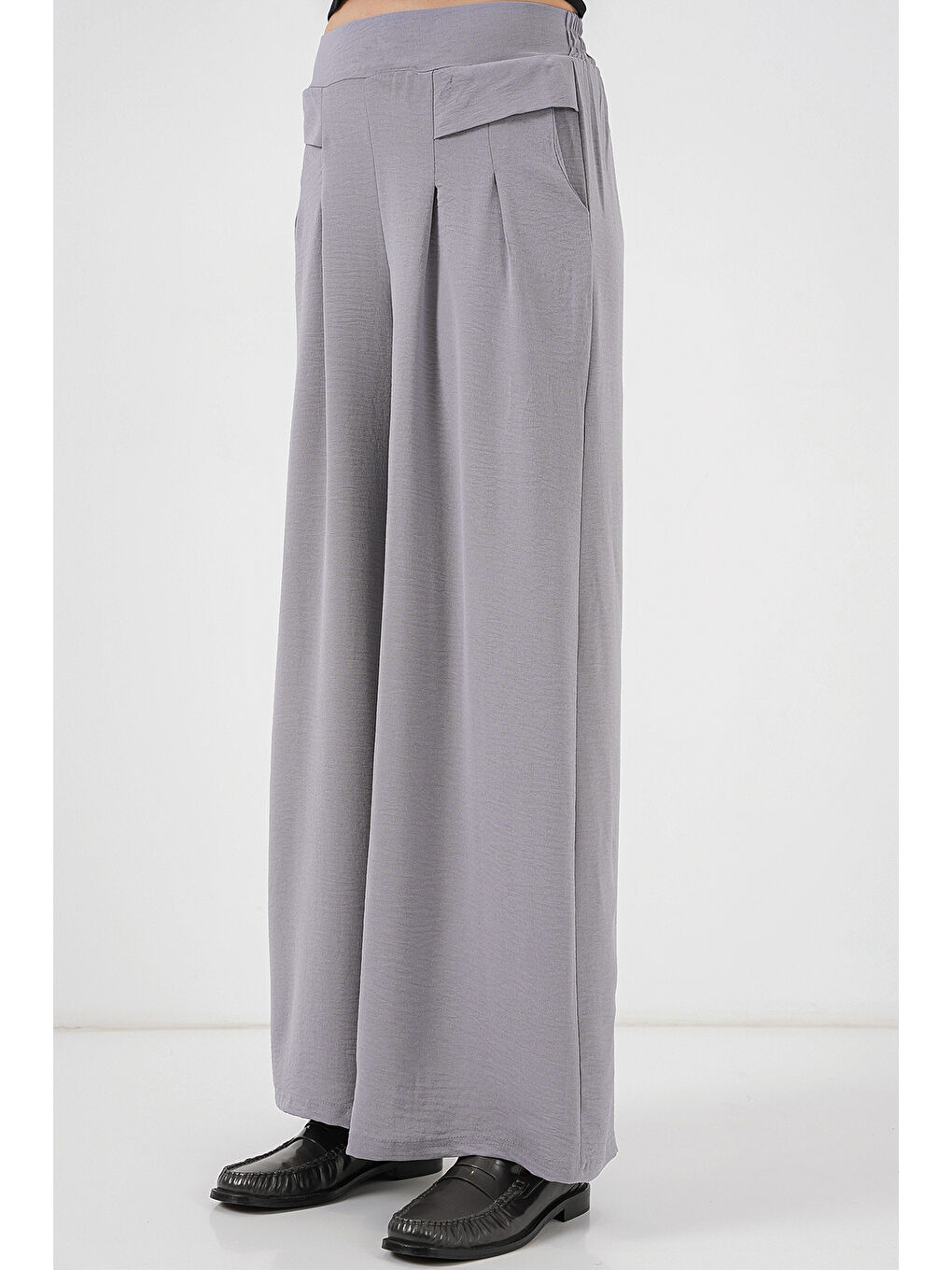 Kadın Geniş Paça Pileli Pantolon 6718 - Gri-1