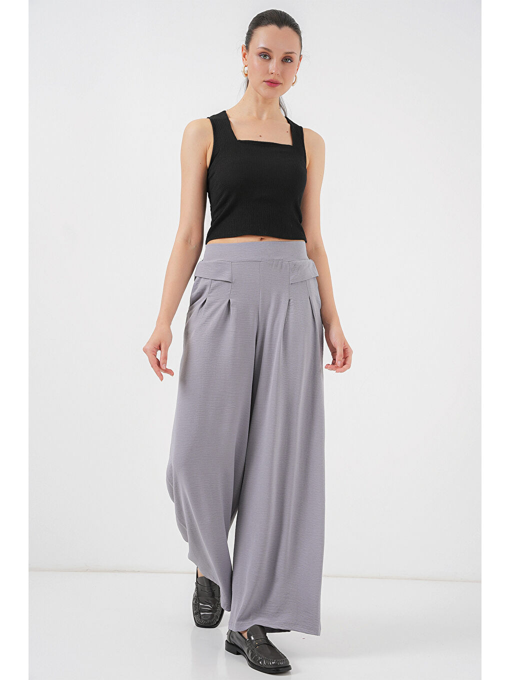 Kadın Geniş Paça Pileli Pantolon 6718 - Gri-2