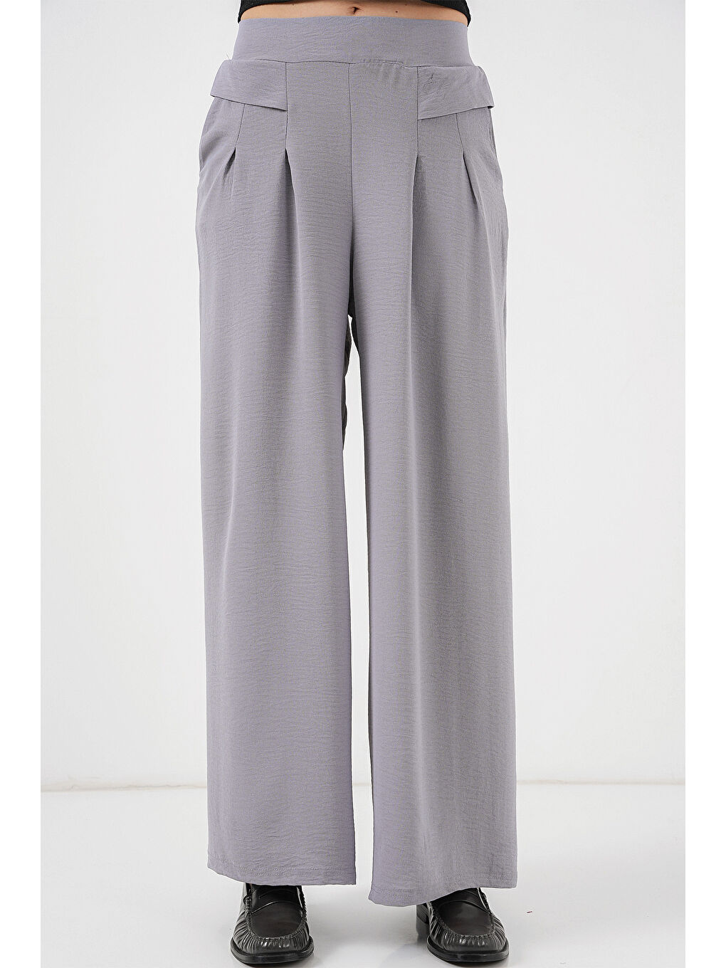 Kadın Geniş Paça Pileli Pantolon 6718 - Gri-3