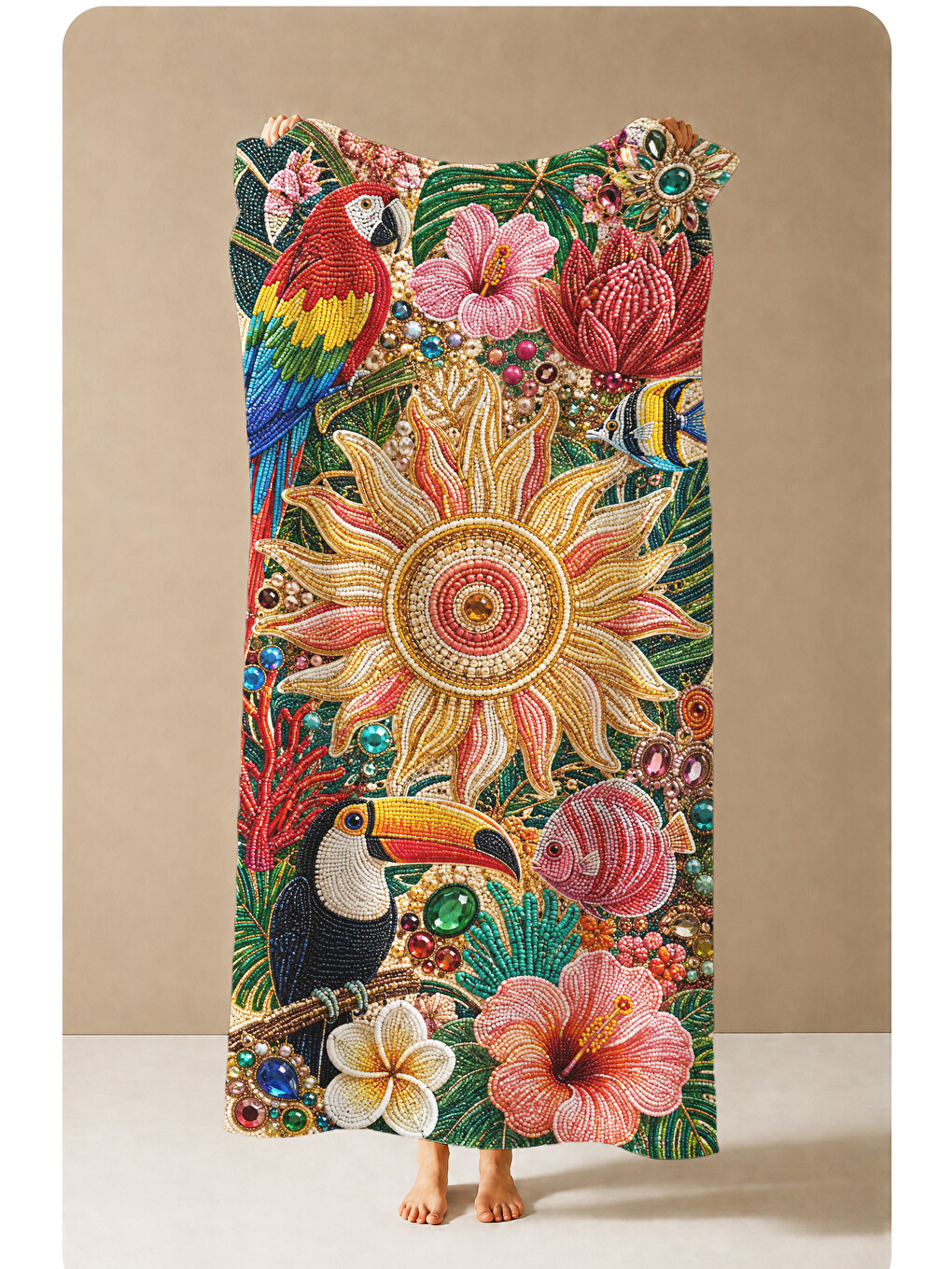 Yeşil Maximalist Egzotik Kuş Çiçek Desenli 70x150 Plaj Havlusu - Dijital Baskılı Solmaz Banyo Havlusu-3
