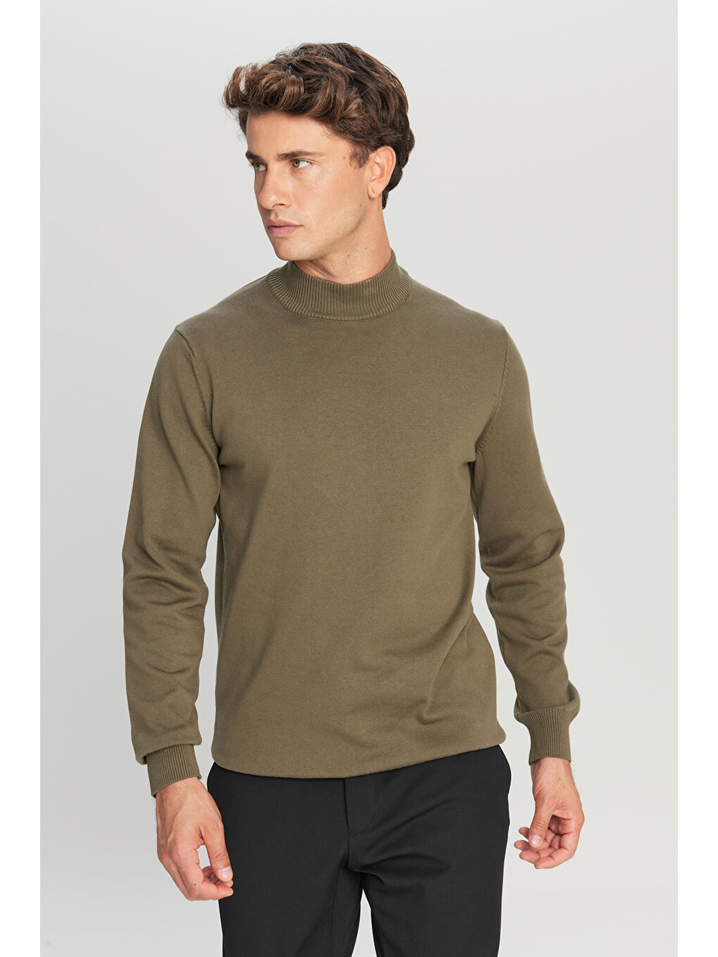 Erkek Haki Pamuklu Standart Fit Normal Kesim Yarım Balıkçı Yaka Triko Kazak-2