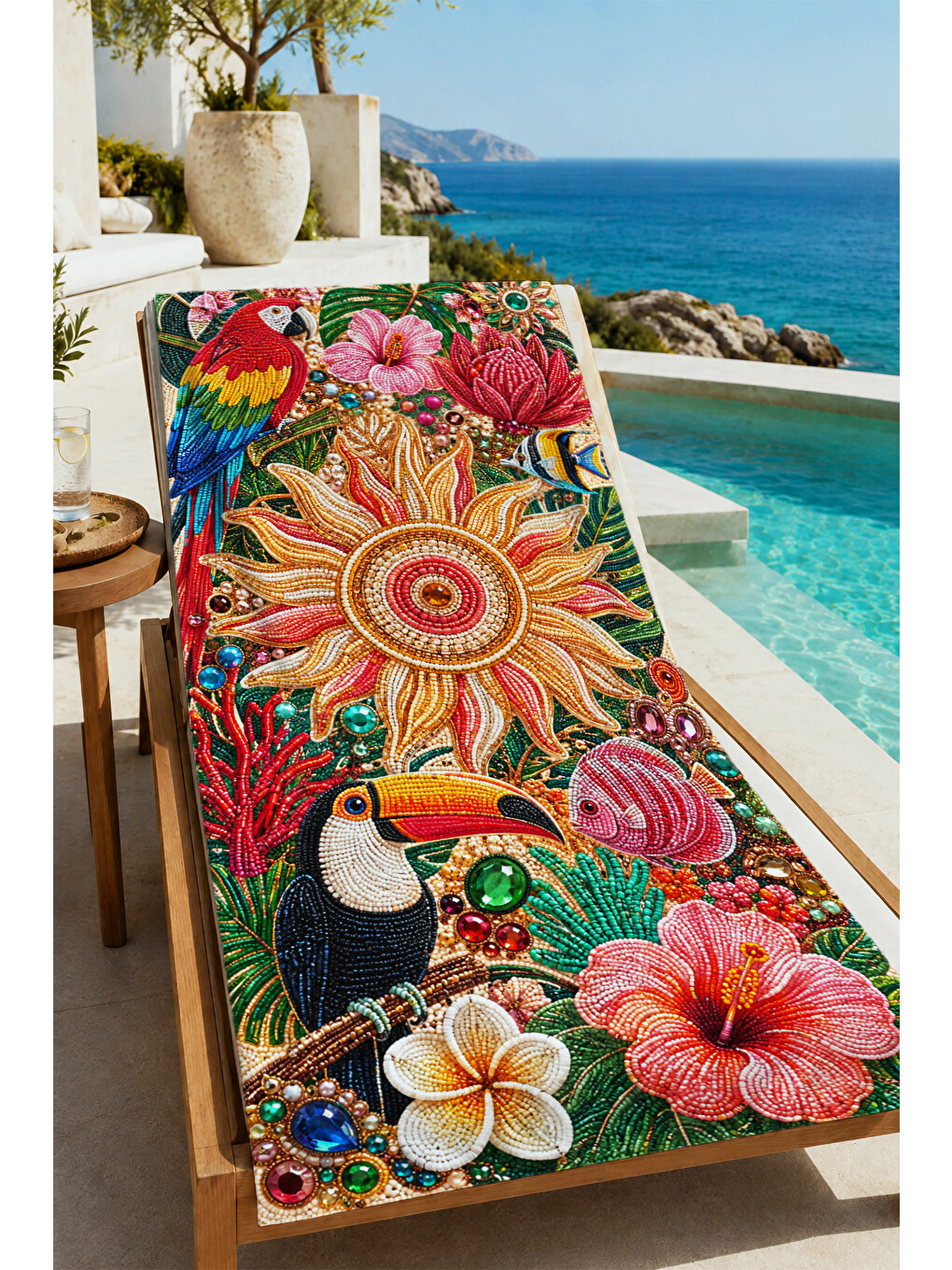 Yeşil Maximalist Egzotik Kuş Çiçek Desenli 70x150 Plaj Havlusu - Dijital Baskılı Solmaz Banyo Havlusu-4
