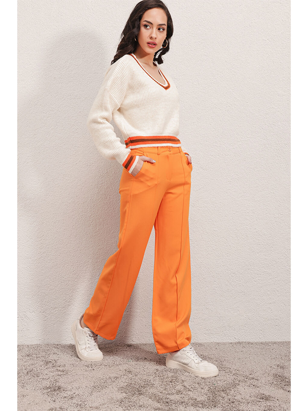 6542 Yüksek Bel Kumaş Pantolon - Turuncu-3